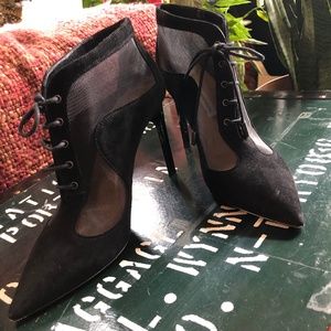Size 6 Diane Von Furstenberg , Black Suede/Mesh Bootie Pump